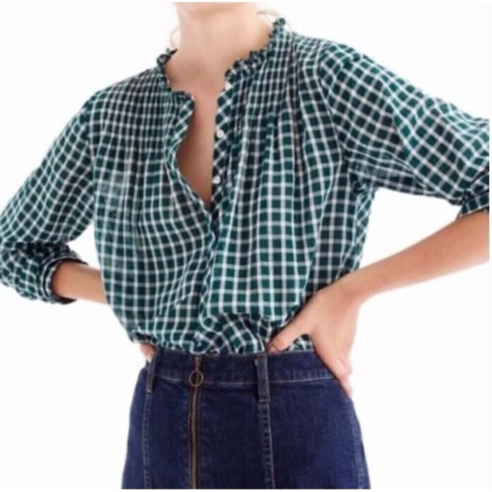 J Crew Blouse Womens 6 Classic Popover Mini Windowpane Ruffle Long Sleeve Green